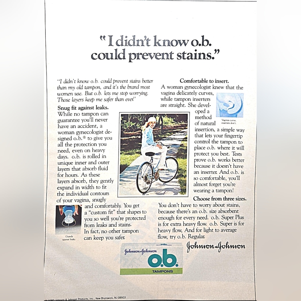 Johnson & Johnson OB Tampons Vintage 1980 Print Ad Woman On bicycle No Stains